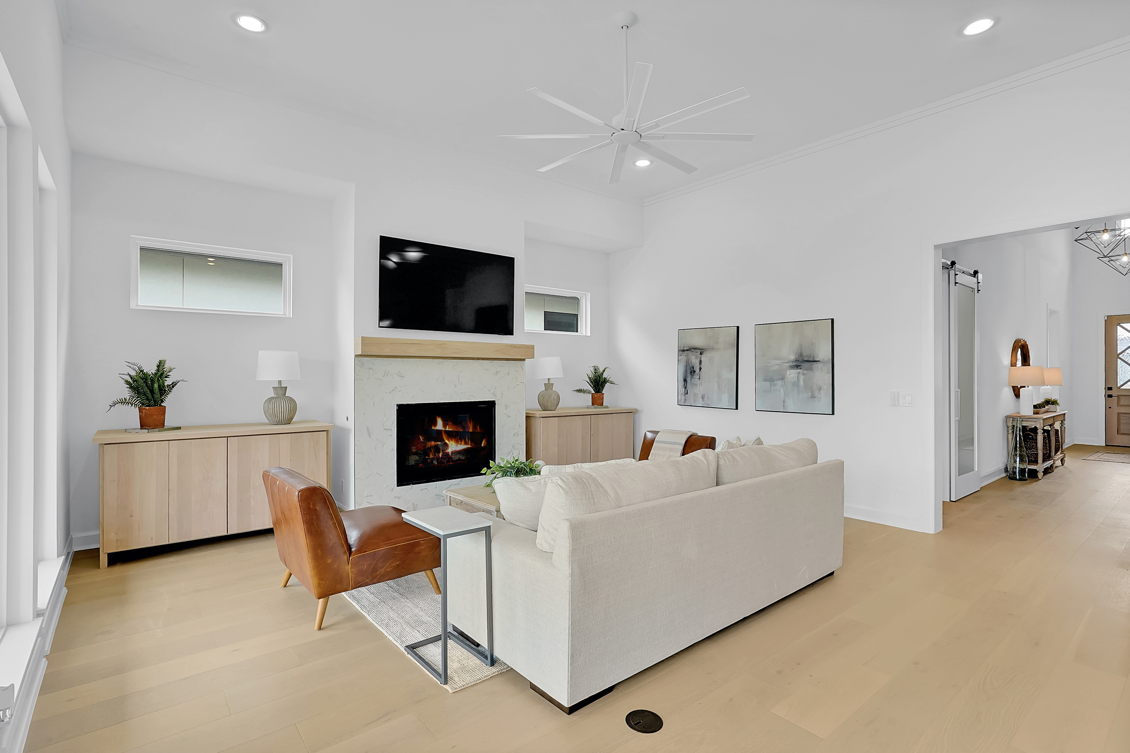 Warm, modern living space professionally staged in Tulsa